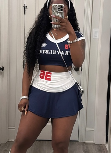 Hot Girl Short Letter Printed Contrast Color Suspender Waist-Length Miniskirt Set