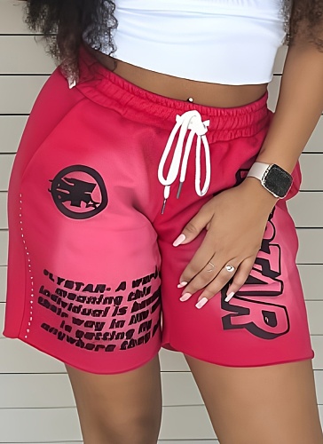Rose Red Letter Print Loose Casual Shorts