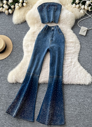 Fashion Perm Diamond Denim Sleeveless Tube Top Vest High Waist Denim Flared Trousers Two Piece Set
