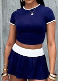 New Sports Round Neck Short Sexy Slim T-Shirt Color Matching Skirt Two-Piece Suit For Women
