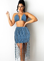Denim Bra Rope Mesh Tassel Casual Fashion Short Skirt Two-piece Set for Women