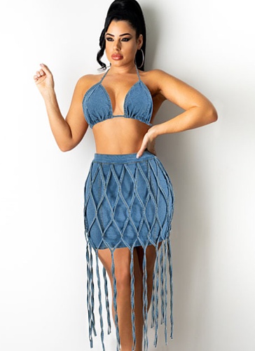 Denim Bra Rope Mesh Tassel Casual Fashion Short Skirt Two-piece Set for Women