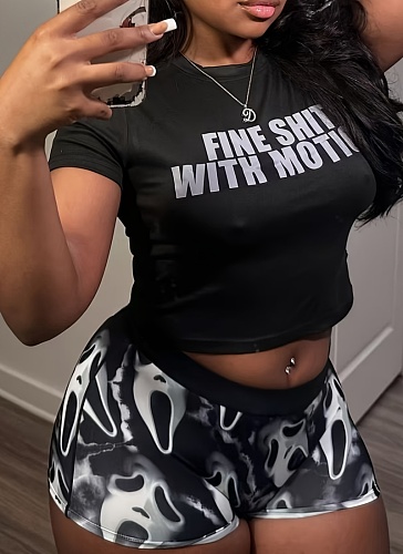 Black Spring And Summer Printed Short T Shorts Sexy Tight Sports Two-Piece Suit