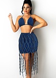 Denim Bra Rope Mesh Tassel Casual Fashion Short Skirt Two-piece Set for Women
