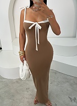 New Sexy Lace-up Off-shoulder Contrast Color Long Dress