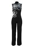 Fashion Round Neck Sleeveless Flower Design Slim Jumpsuit For Women