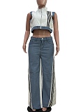 New Style Casual Ribbon Stitching Loose Denim Wide-Leg Pants Two-Piece Suit For Women