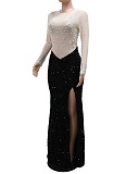 Fashionable Color Matching Round Neck Long Sleeve High Slit Hot Diamond Dress For Women