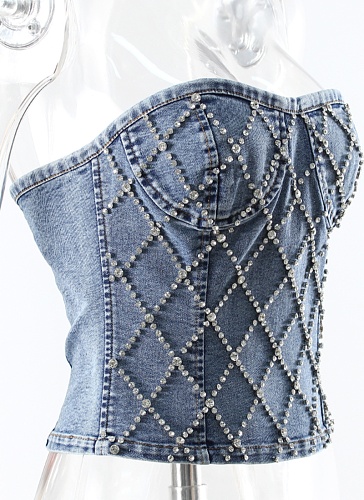 Slim Fit Diamond Stud Bead Denim Bandeau Zipper Vest