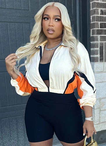 Fashionable Patchwork Contrast Color Zipper Long-Sleeved Short Jacket Slim Shorts Sports Two-Piece Suit