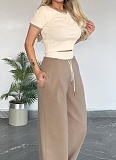 Women'S Contrast Color Round Neck Short Sleeve Top Casual Wide Leg Pants Two Piece Suit