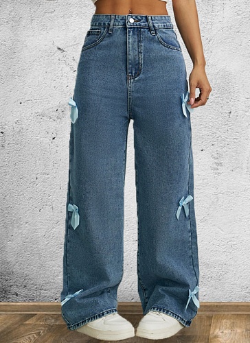 Blue New Butterfly Decoration Washed High Waist Straight Jeans
