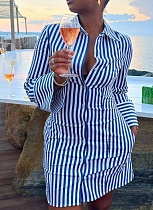 New Style Printed Striped Single Breasted Shirt Dress For Women