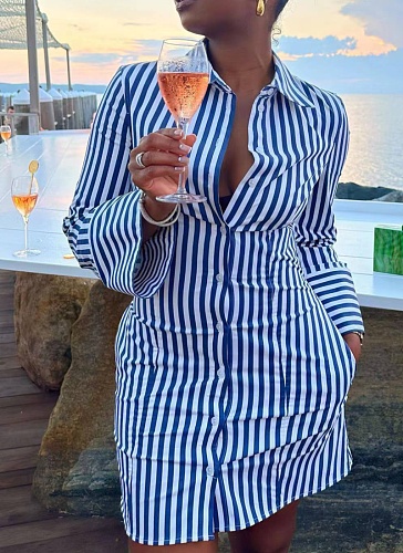 New Style Printed Striped Single Breasted Shirt Dress For Women