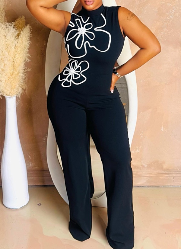Fashion Round Neck Sleeveless Flower Design Slim Jumpsuit For Women