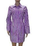 New Style Printed Striped Single Breasted Shirt Dress For Women