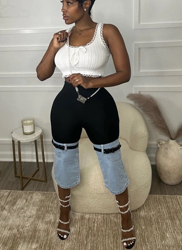 Fashion Splicing Combination Stretch Denim Flared Cropped Trousers