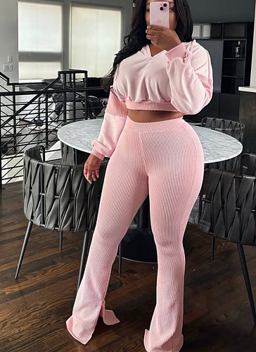 Women's twist hoodie splicing bell bottoms two-piece set CH-25016
