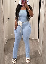 Fashion Solid Color Ribbed Pocket Sexy Hot Girl Tight Jumpsuit