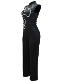 Fashion Round Neck Sleeveless Flower Design Slim Jumpsuit For Women