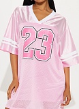 Pink Loose Casual All-Match Street Print V-Neck Short Sleeve T-Shirt