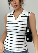 Women'S White Contrast Striped V-Neck Knitted Vest