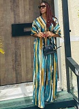 Summer V-Neck Short-Sleeved Top Wide-Leg Pants Irregular Striped Print Two-Piece Suit