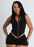 Zipper Lapel Sleeveless Top Casual Sexy High Waist Shorts Two-Piece Set