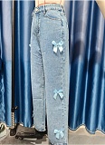 Blue New Butterfly Decoration Washed High Waist Straight Jeans