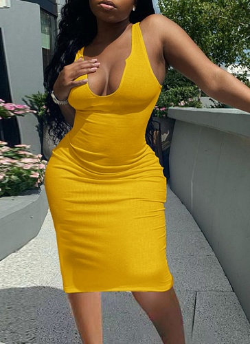 Summer Sexy Deep U-Neck Slim Fit Camisole Knee-Length Midi Dress