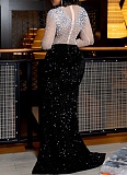 Fashionable Color Matching Round Neck Long Sleeve High Slit Hot Diamond Dress For Women