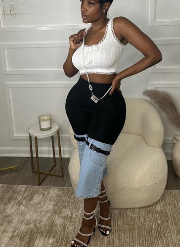 Fashion Splicing Combination Stretch Denim Flared Cropped Trousers