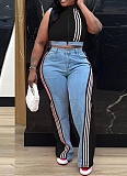 New Style Casual Ribbon Stitching Loose Denim Wide-Leg Pants Two-Piece Suit For Women