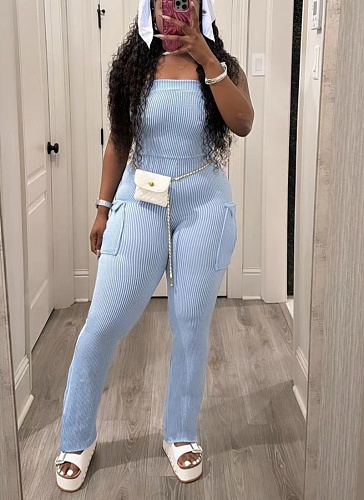 Fashion Solid Color Ribbed Pocket Sexy Hot Girl Tight Jumpsuit
