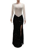 Fashionable Color Matching Round Neck Long Sleeve High Slit Hot Diamond Dress For Women