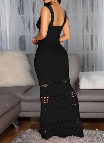 Black New Sexy V-Neck Burnt Flower Hollow Bag Hip Dress Women