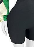 Fashionable Patchwork Contrast Color Zipper Long-Sleeved Short Jacket Slim Shorts Sports Two-Piece Suit