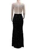 Fashionable Color Matching Round Neck Long Sleeve High Slit Hot Diamond Dress For Women