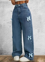Blue New Butterfly Decoration Washed High Waist Straight Jeans