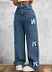 Blue New Butterfly Decoration Washed High Waist Straight Jeans