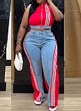 New Style Casual Ribbon Stitching Loose Denim Wide-Leg Pants Two-Piece Suit For Women