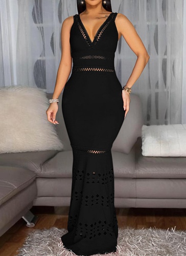 Black New Sexy V-Neck Burnt Flower Hollow Bag Hip Dress Women