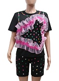 Summer New Round Neck Hot Diamond Short Sleeve Top Casual Shorts Two Piece Suit For Women