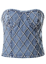 Slim Fit Diamond Stud Bead Denim Bandeau Zipper Vest