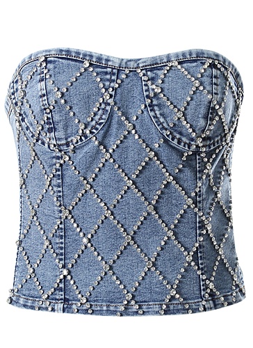 Slim Fit Diamond Stud Bead Denim Bandeau Zipper Vest