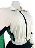 Fashionable Patchwork Contrast Color Zipper Long-Sleeved Short Jacket Slim Shorts Sports Two-Piece Suit