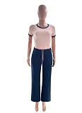 Women'S Contrast Color Round Neck Short Sleeve Top Casual Wide Leg Pants Two Piece Suit