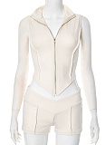 Zipper Lapel Sleeveless Top Casual Sexy High Waist Shorts Two-Piece Set