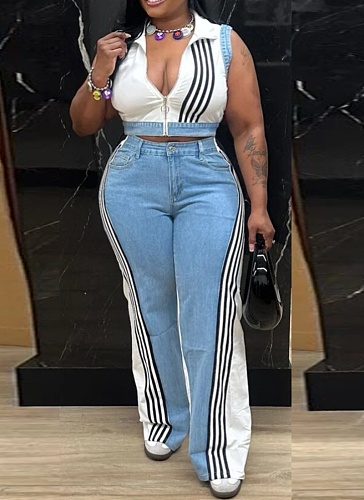 New Style Casual Ribbon Stitching Loose Denim Wide-Leg Pants Two-Piece Suit For Women
