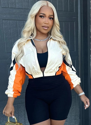 Fashionable Patchwork Contrast Color Zipper Long-Sleeved Short Jacket Slim Shorts Sports Two-Piece Suit
